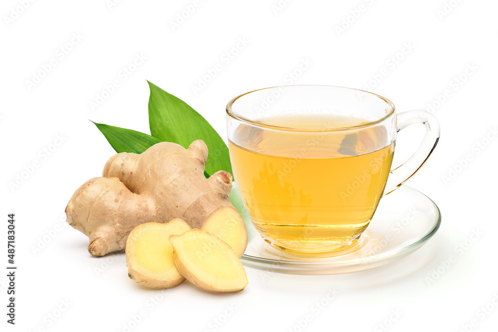 Ginger tea with rhizome slices isolated on white background. Ginger tea with rhizome slices isolated on white background.