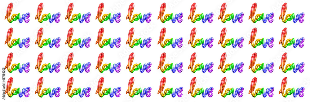 Love word of a rainbow balloon on a white background. Rainbow background. LGBT flag movement, gay parade homosexuality and transgender rights. Declaration of love. Valentine's Day. Neon lighting Love word of a rainbow balloon on a white background. Rainbow background. LGBT flag movement, gay parade homosexuality and transgender rights. Declaration of love. Valentine's Day. Neon lighting