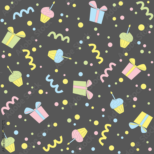 Seamless colorful pattern with cakes and presents on gray background. Vector illustration for celebration prints