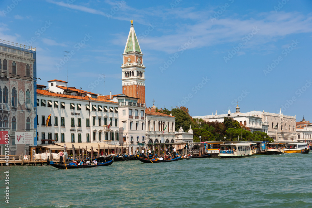 San Marco bell tower and Ducal Palace, seen from the water, Venice, Veneto, Italy