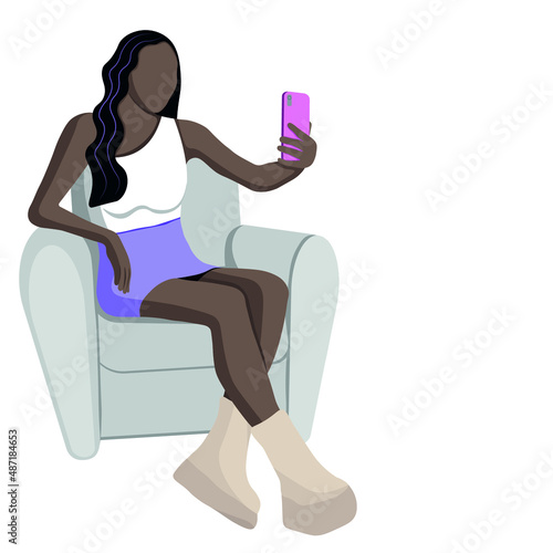 A dark-skinned girl with a phone in her hand sits in a chair, a flat vector, isolate on a white background, a blogger, an opinion leader, an influential person, a faceless illustration