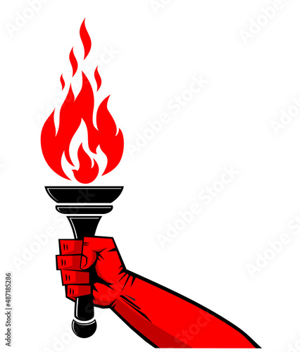 Red hand with torch. Symbol of Olympic Games, freedom, protest, victory. Vector on transparent background