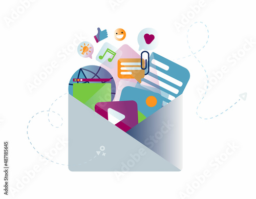 Elements for mail app and web in envelope: globe, message, document, paperclip, like, heart, idea, insight, image, music, video, browser window, emoji, files, attachments. Flat vector illustration
