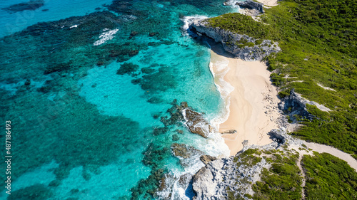 Aerial view of the Christopher Columbus Harbour  the beach where the sailor set first foot and thought to be India  Long Island  Bahamas