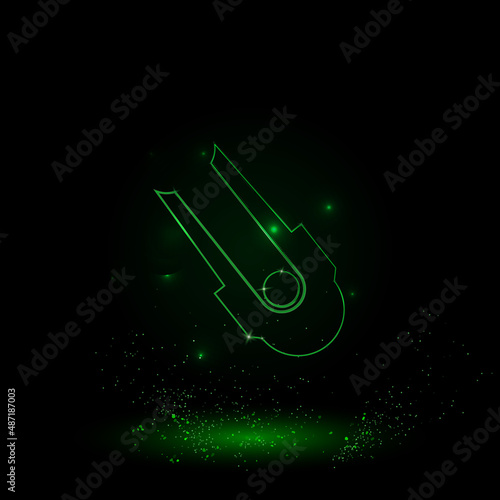 A large green outline solo bobsleigh symbol on the center. Green Neon style. Neon color with shiny stars. Vector illustration on black background