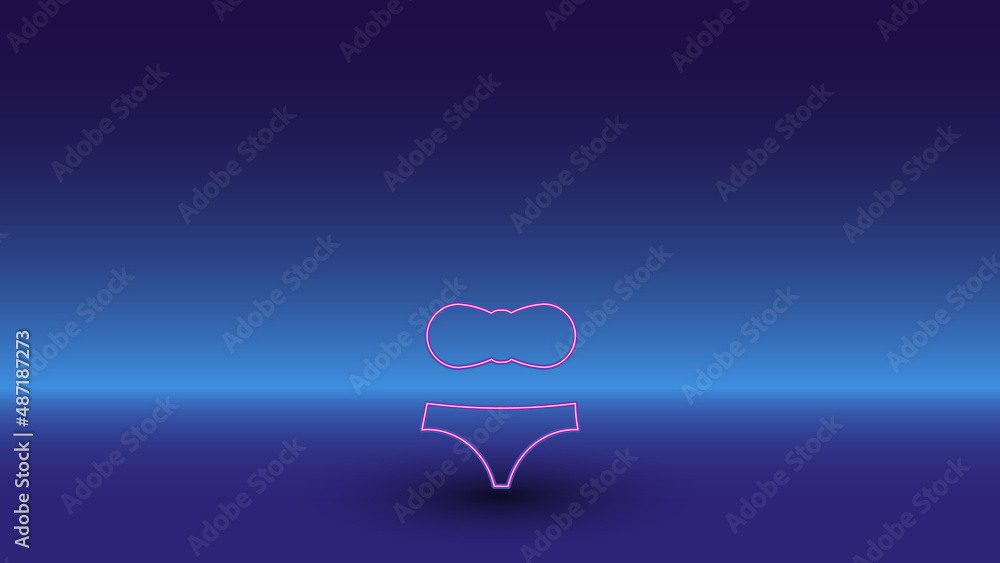 Neon bikini symbol on a gradient blue background. The isolated symbol is located in the bottom center. Gradient blue with light blue skyline Neon bikini symbol on a gradient blue background. The isolated symbol is located in the bottom center. Gradient blue with light blue skyline