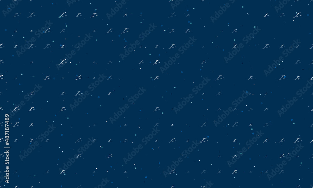 Fototapeta premium Seamless background pattern of evenly spaced white Ski jumping symbols of different sizes and opacity. Vector illustration on dark blue background with stars