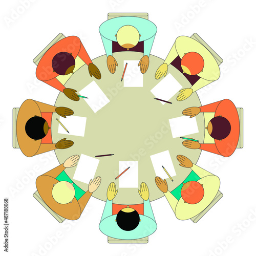 Vector graphics - top view - eight people sitting at a round table with blank white forms and pens. Concept business team or group mental health classes