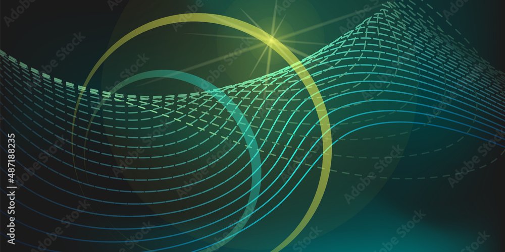 Glow yellow on a dark green background. Depth, broken wavy lines Glow yellow on a dark green background. Depth, broken wavy lines