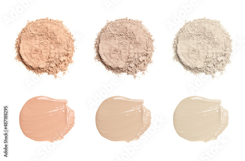 Set of liquid, ceamy and powder makeup samples islated on white background. Decorative cosmetic smears. Concealers, correctors and foundation swatches.