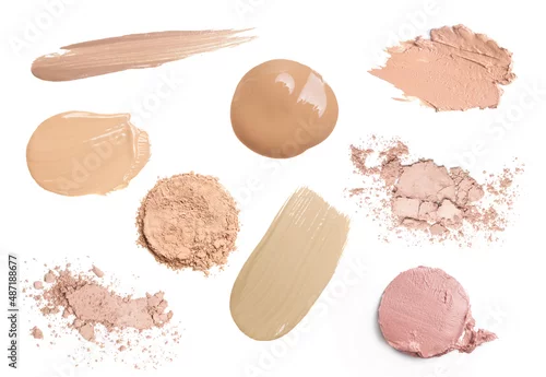 Obraz Set of liquid, ceamy and powder makeup samples islated on white background. Decorative cosmetic smears. Concealers, correctors and foundation swatches.
