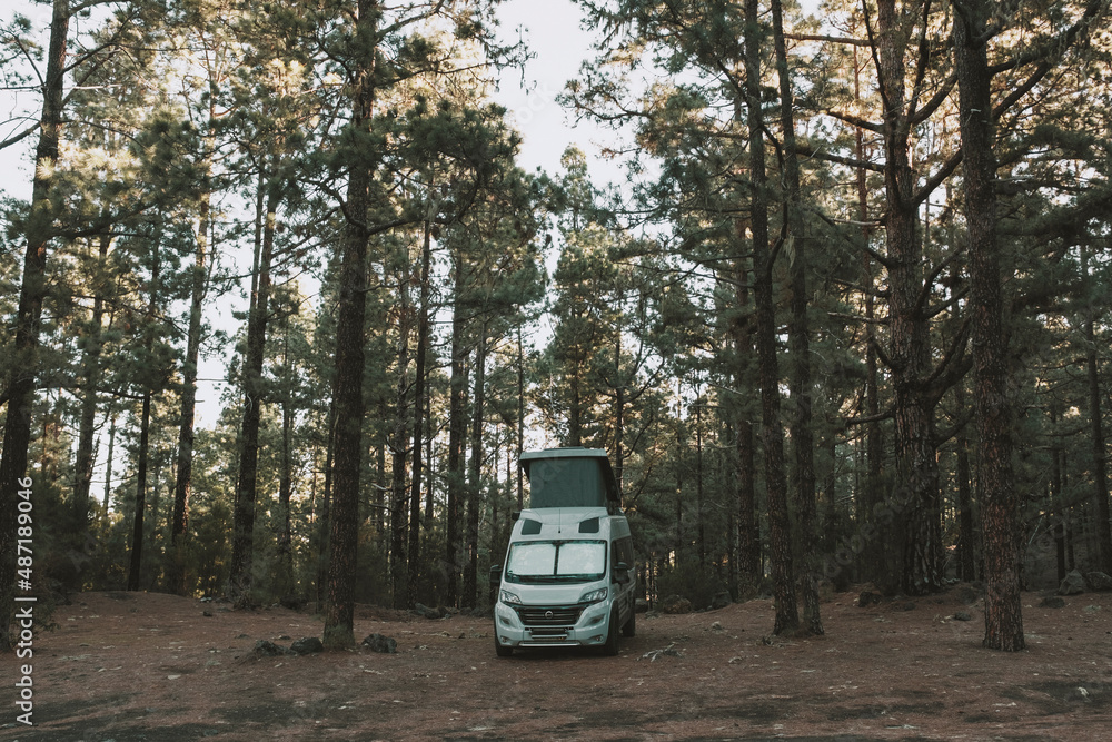 Vanlife and travel lifestyle with alternative camper home with soft roof bed. Modern off road van parked in outdoors park rounded by forest woods pines. Freedom and vacation concept