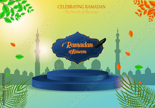 Ramadan background with stage and mosque siluete with fresh color combination and copy space area photo