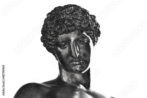 ancient greek figure black and white shiny head close up