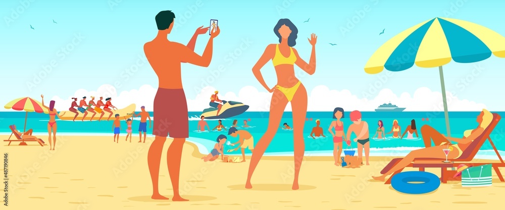 Tropical beach resort with people. Summer time. Sunny, sandy and sea. Tropical beach resort with people. Summer time. Sunny, sandy and sea.