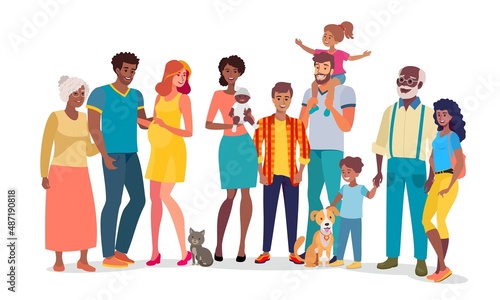 Cartoon parent people standing with children together, young father or mother with grandpa, grandma, child son or daughter. Baby in mother's arms, parental love isolated on white background.