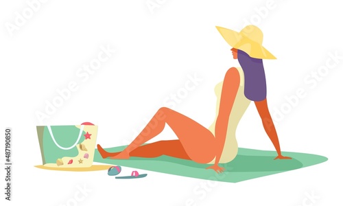 Mature woman relaxing and chilling on sandy beach at seaside resort on summer vacation. Female character lying on towel. Isolated vector illustration.
