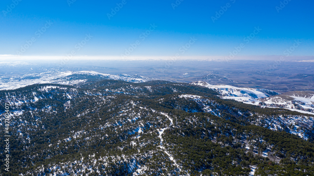 Aerial view of snowy forest and natural life in Ankara,TURKEY.