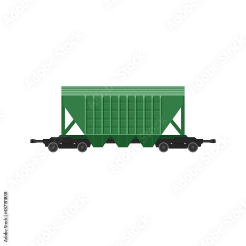 Freight rail wagon for bulk materials. Covered green freight rail boxcar. photo