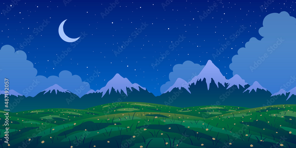 Spring vector landscape. Mountains and flowering meadow at starry night. Abstract flat illustration.