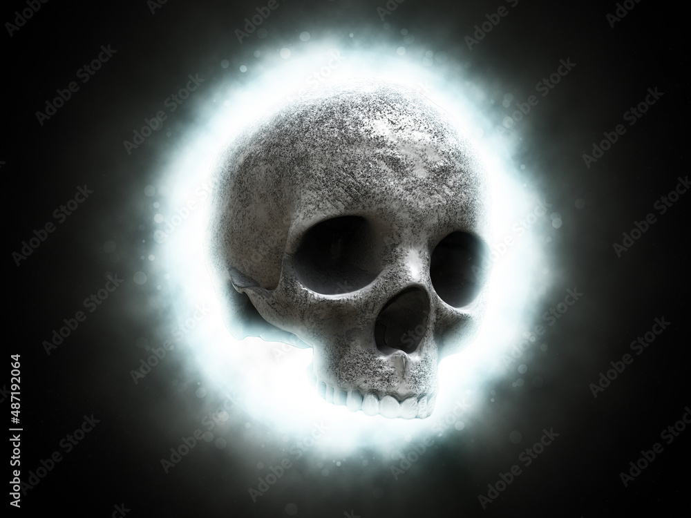 Skull cranium shining bright on black background - 3D Illustration