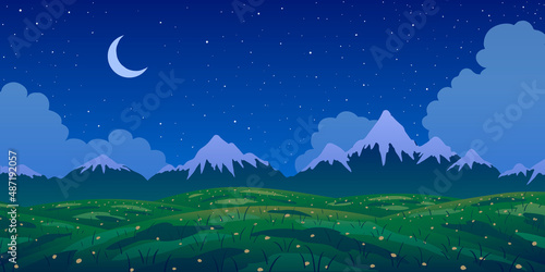 Spring vector landscape. Mountains and flowering meadow at starry night. Abstract flat illustration.