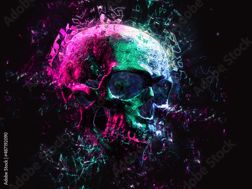 Neon synthwave skull exploding into shining polygons - 3D Illustration