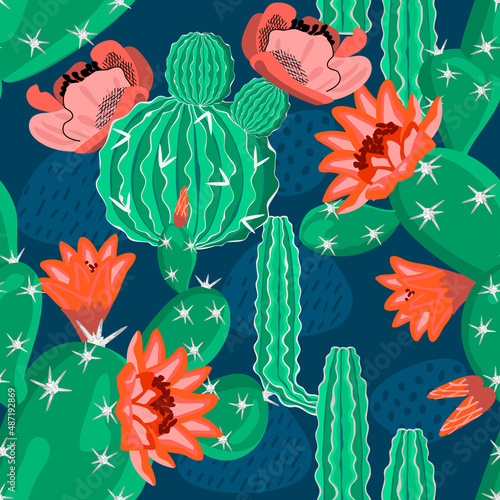 Cute seamless floral pattern with  cacti in cartoon.Green plants, red flowers on blue.Background with abstract shapes.Repeat texture for printing on fabrics and paper.Trendy hand drawn illustration.
