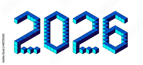 New Year 2026 design from blue cubes on white. 8 bit isometric style.