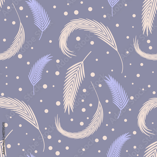 Seamless feather pattern with pastel blue and beige colors. For print, textile, wrapper, etc.
