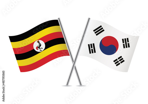 Uganda and South Korea crossed flags. Ugandan and South Korean flags isolated on white background. Vector icon set. Vector illustration. photo