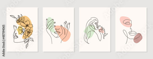 Modern abstract line minimalistic women faces arts set with different shapes for wall decoration, postcard or brochure cover design. Different woman faces. One line art. Vector illustrations design