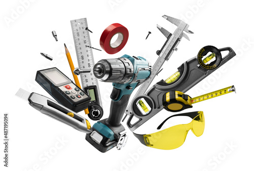 Construction tools levitate on a white background photo