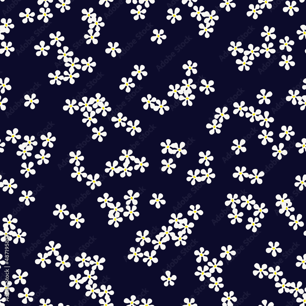 Floral seamless pattern with small white daisy flowers on dark blue background. Ditsy print. Cute plain chamomile florets design for trendy fabric, textile and wallpaper. Vector illustration.