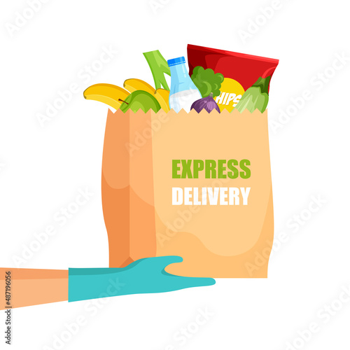 Safe food delivery during covid-19 pandemic. Hand in gloves. Craft paper package with groceries. Infographic flat design for apps and websites. Vector illustration isolated on white background.