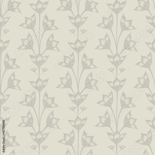 Abstract bluebell flower vector seamless pattern background. Stylized vintage Campanula flowers on neutral ecru beige backdrop.Formal trailing floral retro repeat.Hand darwn botanical design