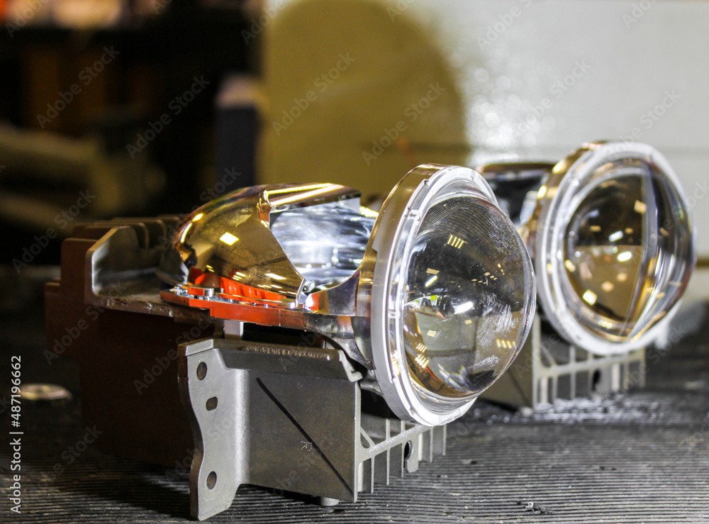 Fototapeta premium LED lenses taken from a car headlight close-up. Repair and tuning of cars. Headlight repair. Restoration of automotive optics.