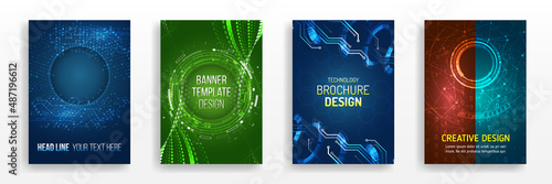 Blue layout futuristic brochures, flyers, placards. Contemporary science and digital technology concept. Vector template for brochure or cover with hi-tech elements background.