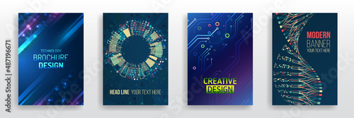 Blue layout futuristic brochures, flyers, placards. Contemporary science and digital technology concept. Vector template for brochure or cover with hi-tech elements background.