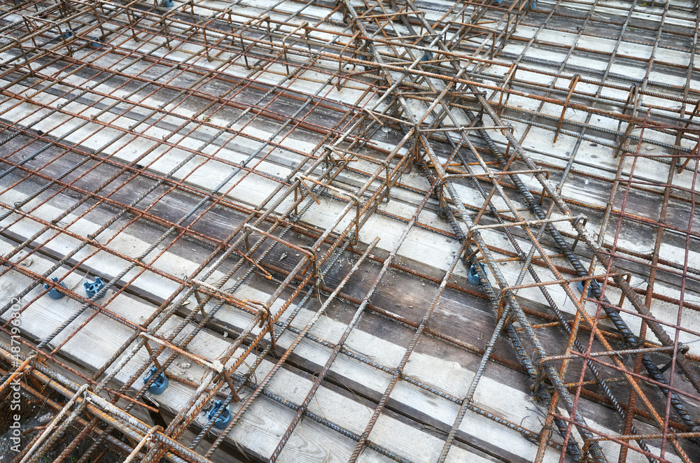 Picture of ribbed steel bar reinforcement construction ready for concrete casting.
