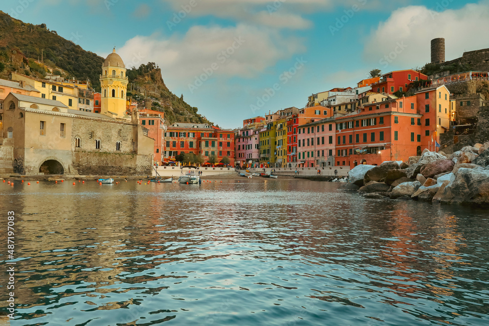 View of beautiful Vernazza village on the coastline of Cinque Terre by the Ligurian Sea, Italy