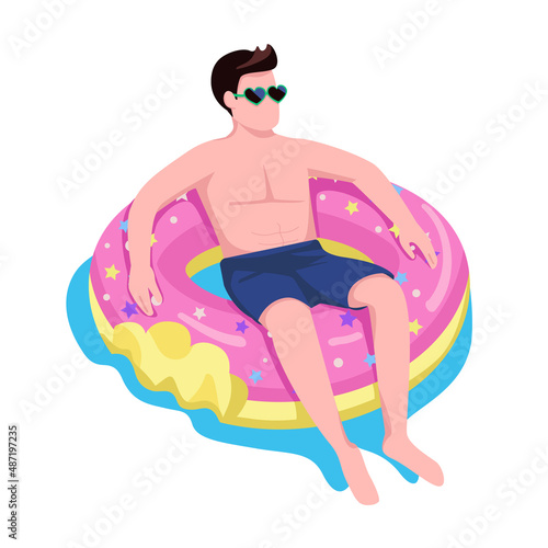 Man relaxing in donut air mattress semi flat color vector character. Sitting figure. Full body person on white. Water activity simple cartoon style illustration for web graphic design and animation