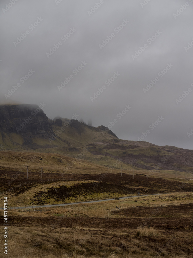 Old Man of Storr far view in a foggy day