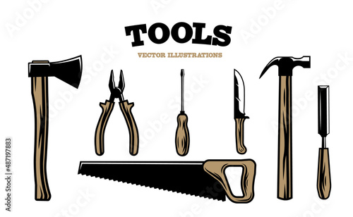Vintage Collection of construction and carpentry tools with wooden handle. Vector illustrations of Hammer, screwdriver, axe, saw, pliers, knife. Retro vintage illustration style. 