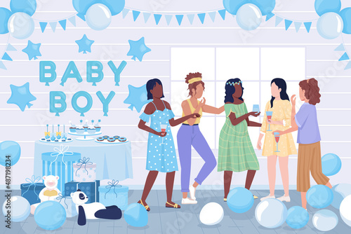 Baby shower party flat color vector illustration. Expecting boy. Home event and celebration. 2D simple cartoon women greeting pregnant friend with decorated room on background. Fredoka One font used