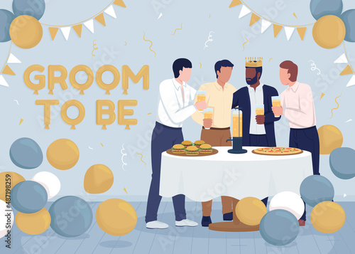 Bachelor party flat color vector illustration. Groom to be. Groomsmen greeting fiance, raising toast. 2D simple cartoon happy men celebrating with decorated room on background. Fredoka One font used