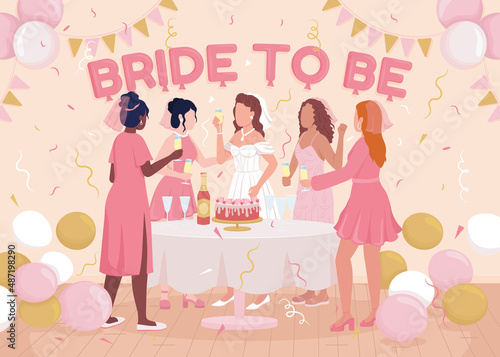 Bachelorette party flat color vector illustration. Bride to be. Bridesmaid greeting fiancee. 2D simple cartoon happy ladies celebrating with decorated room on background. Fredoka One font used