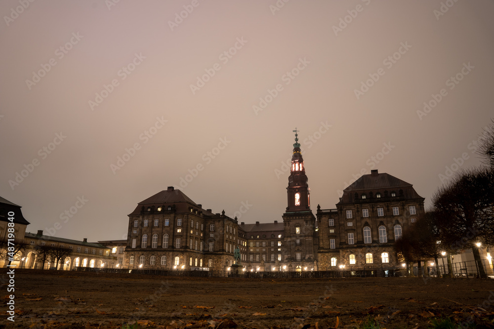 The Danish parliament Christiansborg by night - seen from Horsetrack
