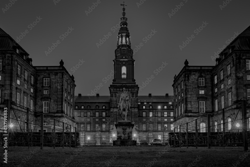The Danish parliament Christiansborg by night - seen from Horsetrack