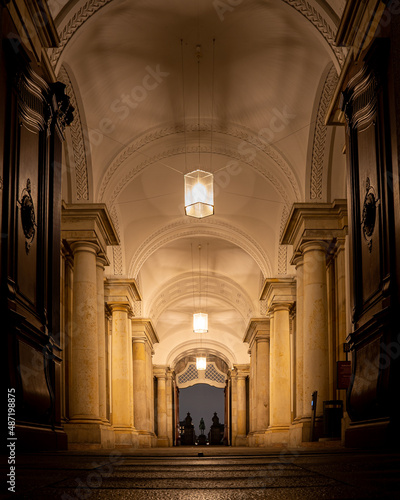 The royal gate in the Danish parliament  Christiansborg  by night